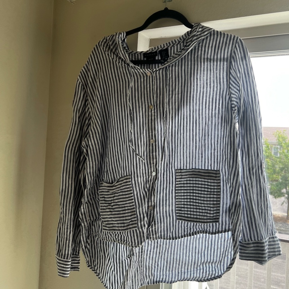 Tahari Navy and White Striped Linen Shirt